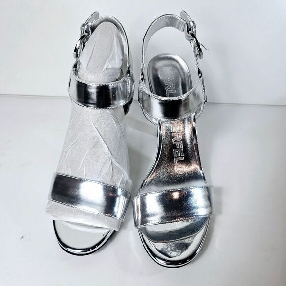 NWT Karl Lagerfeld Cieone Metallic Silver Lame Strappy Heel Sandal Size 7.5 9 - Picture 6 of 12